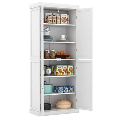  GOFLAME Freestanding Kitchen Pantry Cabinet, 4-Door Storage Cabinet W/ 2 Adjustable Shelves, Utility Storage Cabinet W/ Handles, 6-Tier Shelves, Multifunctional Cupboard Cabinet For Dining Room Laundry