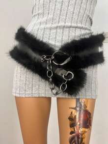 万圣节腰带，节日礼物，明星同款毛茸茸链条水钻宽腰带，适合Abby Millennium Hottie OOTD造型，Y2K毛绒皮带秋季，秋季，万圣节 - 彩色 - 查看 1