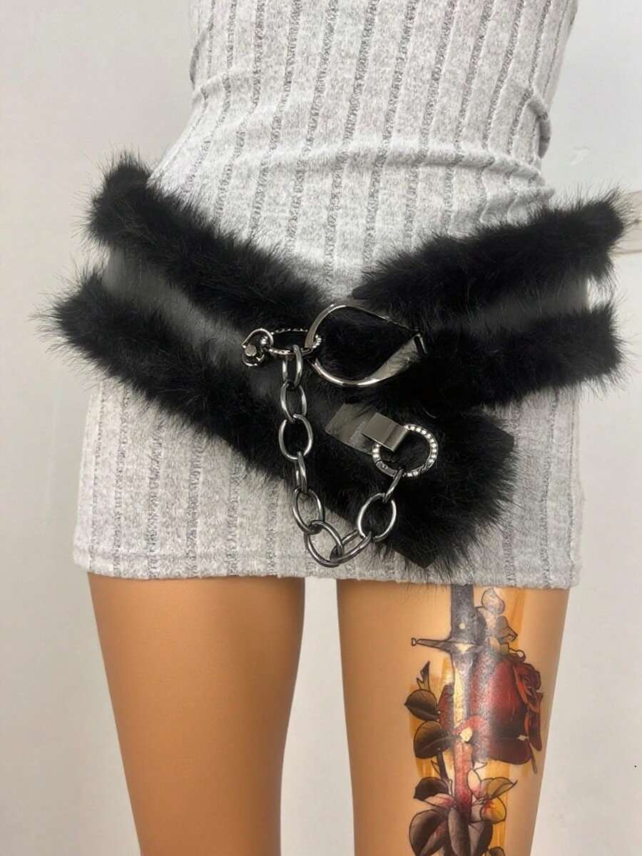 万圣节腰带，节日礼物，明星同款毛茸茸链条水钻宽腰带，适合Abby Millennium Hottie OOTD造型，Y2K毛绒皮带秋季，秋季，万圣节 - 彩色 - 查看 1