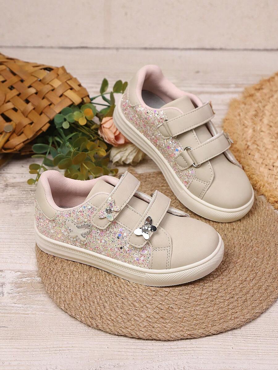 2-10 Years Old Girls Glitter Butterfly Decor Hook And Loop Soft Bottom Comfortable Flat Shoes, Easy To Wear And Take Off, Glitter Patchwork Casual Sneakers, Non-Slip Durable Sole Low-Top Fashion Cute Non-Slip Skate Shoes, Suitable For Outdoor Sports, Walking, Home, School, Running, All Seasons