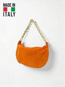 Made In Italy Genuine Leather & Suede Women's Underarm Bag, Minimalist Half-Moon Shaped Suede Crossbody Bag With Metal Chain And Adjustable Strap. Ideal For Shopping And Commuting, A Personalized Choice For Fashion-Conscious Individuals. The Best Gift For Ladies, Essential For Vacation, And A Must-Have For Travel. - Orange - View 4