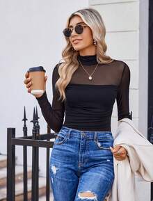 Ladies' Black Silver Thread Sheer Round Neck Top, Mesh Fishnet Shirt, Fashion Forward Women's Fall/Winter Sexy Net Mesh Underwear Shirt  Black Crop Top Long Sleeve - 黑色 - 查看 1