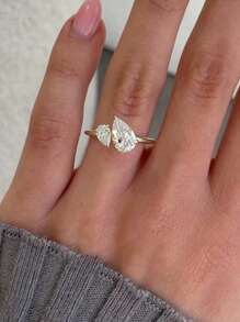 925 Sterling Silver Double Water Drop Design Women's Ring With Shiny Zirconia Stone, Quality Jewelry For Women's Engagement/Proposal - Yellow Gold - View 4