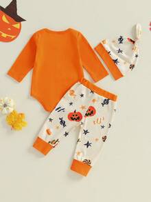 My First Halloween Baby Boy Outfit Letter Embroidery Long Sleeve Romper Pumpkin Pants And Hat 3Pcs Fall Clothes - Orange - View 3