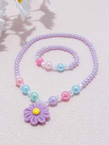 12pcs/Set Girls Cute Multicolor Flower Pendant Charm Beaded Necklace & Bracelet Jewelry Set, Suitable For School, Holiday Party, Birthday Gift, Random Color - Multicolor - View 12