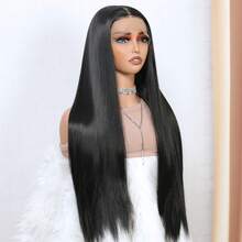 Black Color Long Silky Straight 26inch13X4 HD Transparent Lace Frontal Synthetic Wigs 180%Density Glueless Wig Preplucked With Baby Hair Daily Party Cosplay - 黑色 - 查看 3
