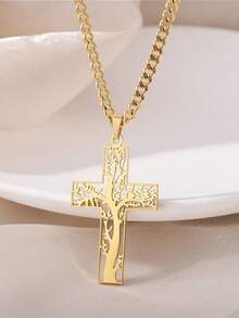 Stainless Steel Tree Of Life Cross Necklaces For Women Men Gold Color Cuban Chain Pendant Necklace Male Female Jewelry Birthday Gift ﻿ - N04135-3 - View 7