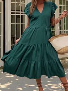 Women's V Neck Midi Dress Ruffled Sleeve Solid Color Tiered A Line Casual Dress - Army Green - View 4