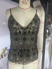Women Semi See Through Sparkly Tank Top Sleeveless V Neck Floral Sequin Camisole Dance Rave Outfits - 黑色2 - 查看 9