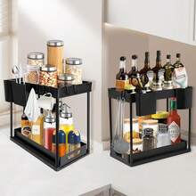 Under Sink Organizer Shelf, 2-Tier Kitchen Organizer With Sliding Basket And Hooks, Multipurpose Bathroom Cabinet Organizer (Black) - 黑色(1Psc) - 查看 3