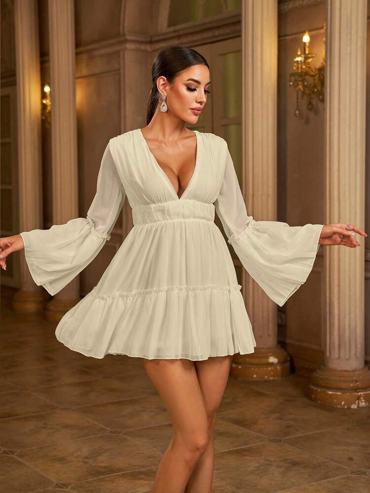 missord plunging neck frill ruffle hem chiffon dress Chiffon Ruffle Hem Off-the-Shoulder Sheath Dress
