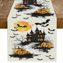 1 bucată de steag de masă cu model de dovleac de Halloween, fabricat din fibră de poliester tricotată de 72 inch, folosit pentru mese de sărbători, decorațiuni de bucătărie acasă, petreceri și cadouri