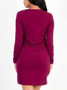 Women's Solid Color Two Tone Ribbed Long Sleeve Midi Dress For Fall And Winter, Cozy Casual Buttery Soft Dress - 酒紅色 - 查看 4