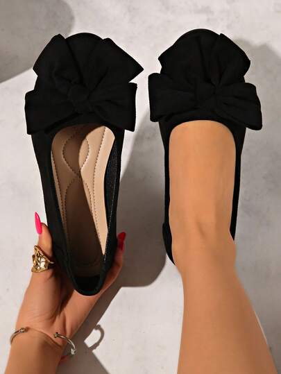 Classic Round Toe Bow Decor Flat Shoes, Plus Size Version 36-43, Thickened Forefoot Protects Feet, Optimized Heel Design Prevents Slipping, Soft Fabric Material And Cushioned Insole For Comfort Wide Fit