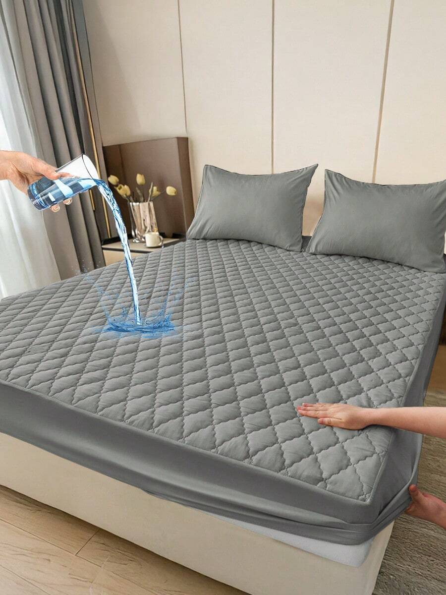 South Life 1pc Waterproof Fitted Sheet, Bedding, Fitted Bed Sheet, Mattress Cover, Skin-Friendly Bed Cover, Soft And Comfortable Bedding For Bedroom, Solid Color Mattress Protector, Room Decor, Perfect Fit For Twin Full King Queen All Size Bed, Bedding Gifts, Machine Washable, Fathers Day Gift, Birthday Decorations, Grad Party Decor, Fathers Day Decor, Graduation Gift, Birthday Gift - 灰色 - 查看 1