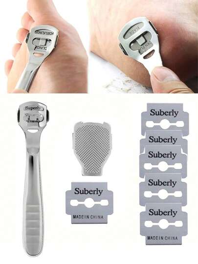 1Set Foot Razor Callus Remover Heel Hard Skin Corn Shaver Stainless Steel File Wood Grain Handle 10Pcs Blade Pedicure Tools Kit