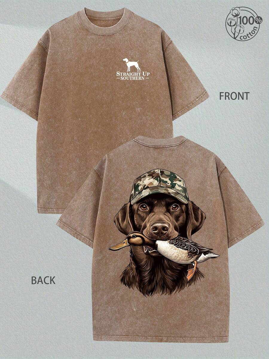 230G Washed Cotton High-Quality 100% Pure Cotton Double-Sided Printed T-Shirt, Camouflage Hat Hunting Dog-Duck, Women's Round Neck Short Sleeve, Suitable For Outdoor Hunting, Hunting Enthusiasts, Sports Leisure, Black T-Shirt, Vintage Batik - Màu nâu - Xem 1
