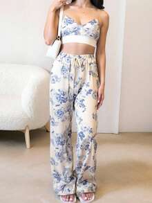 2 pzs Conjunto de mujer: Top corto con hombros descubiertos y manga larga & Pantalones acampanados, unicolor - Azul y blanco - Ver 6