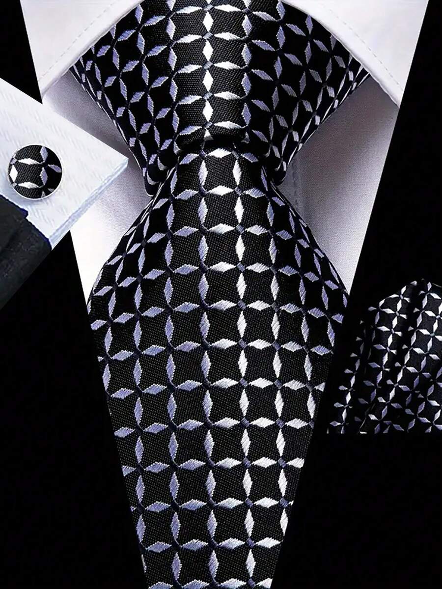 男士领带套装经典时尚领带套装带袖扣适合商务聚会 - 黑與白 - 查看 1
