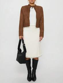 女士纯色仿麂皮拉链短款夹克，秋冬休闲 - 棕色 - 查看 6