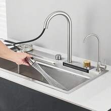 [Conjunto de fregadero de cocina de acero inoxidable 304]80*45cm plateado con perilla de control de temperatura + grifo de agua purificada + limpiador de vasos fregadero multifuncional integral - Níquel cepillado (80 cm x 45 cm) - Ver 3