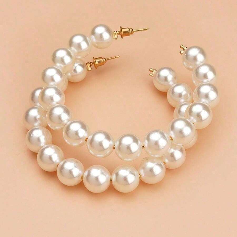 European And American Large Circle Pearls, Fashionable And Exaggerated Circle Pearl Earrings, Girls' Pearl Jewelry, Pearl Earrings, Suitable For Daily Wear, Suitable For Parties And Holidays As Gifts - 白色 - 查看 1