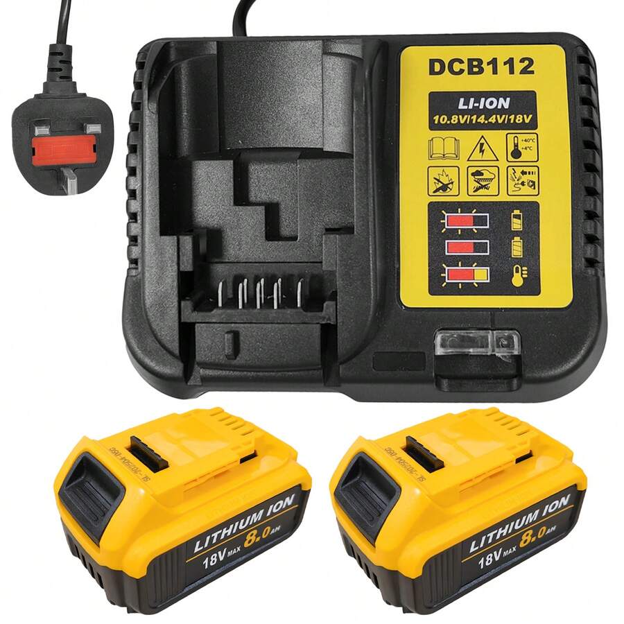 IKUNQUAN 2 Pack 8.0AH Replacement For Dewalt Battery 18V,With Charger & LED Indicator,Replacement For DCB184 DCB182 DCB180 DCB200 DCB184 Battery For Power Tools - Yellow - View 1