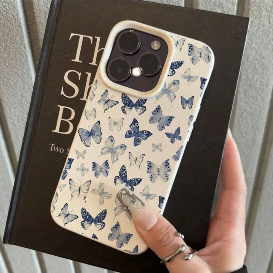 1个TPU材质蓝色优雅蝴蝶全屏图案手机壳，兼容/其他手机 - 白色 - 查看 1