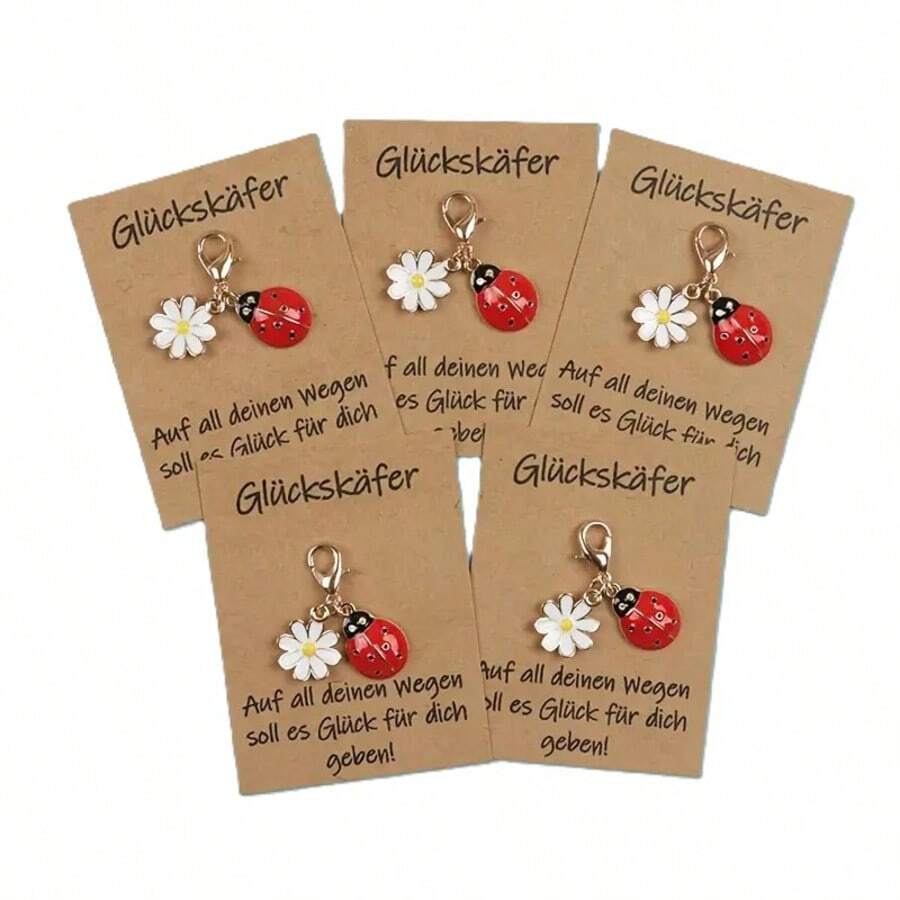 5 piezas Llavero de trébol y flor + tarjeta de bendición, llavero de trébol lindo, llavero de trébol de moda, material de aleación