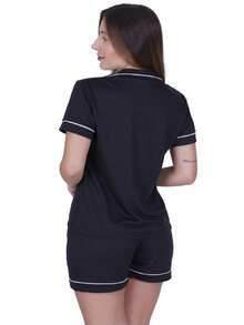 Pijama Mae e Filha Americano Blusa com Gola e Short - Preto e Branco - Visão 4