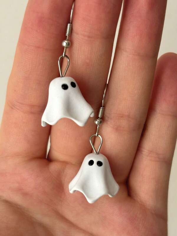 2pcs/Set Cute White Ghost Pendant Earrings, Suitable For Party, Daily Wear, Halloween Costume Accessories