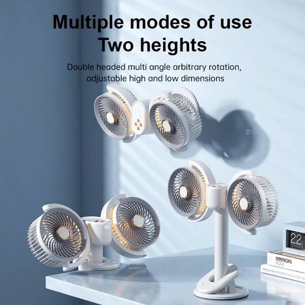Ventilador de escritorio recargable de doble cabezal, ventilador de escritorio con batería de 2400mAh, ventilador USB, 4 velocidades, flujo de aire potente, abrazadera resistente para carrito de golf, escritorio de oficina, exterior, viaje, carpa, gimnasio, cinta de correr, ventilador eléctrico con temporizador para el hogar, ventilador montado en la pared para dormitorio