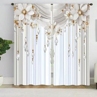 2片装涤纶遮光窗帘 - 高清白金花卉图案印花，适用于卧室、客厅、办公室和家居装饰，杆袋式设计，90克