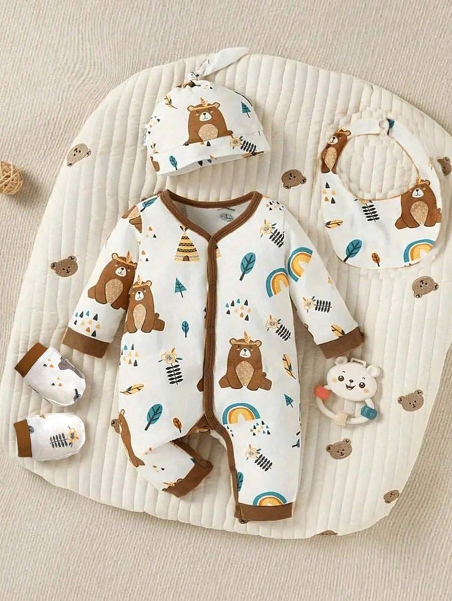 Baby Boys' Rainbow Printed Long Sleeve Romper With Hat, Bib, And Socks 4pcs/Set