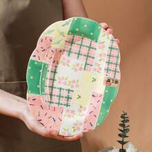 1pc-10-Inch Hand-Drawn Elaborate Grid Ceramic Fish Plate, Creative Breakfast Plate, Snack Plate, Steak Plate, High-Temperature-Resistant Oval Home Plate - 綠色 - 查看 4