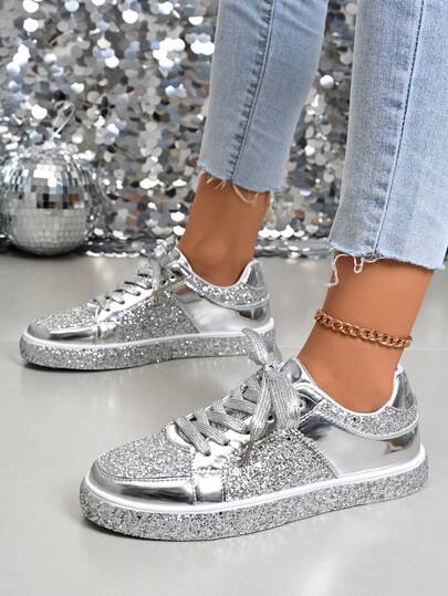 全新亮片运动鞋女式厚底低帮滑板鞋