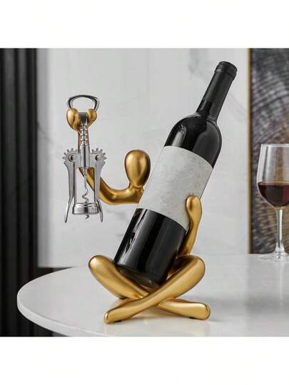 Thinker Statue Wine Rack - Golden Modern Single Bottle Holder, Durable Resin Sculpture For Kitchen Countertop & Bar Decor, Artistic Home Gift For Wine Lovers, Wine Decor, Sophisticated Decor, Wooden Texture Detail
