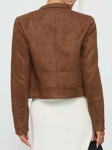 女士纯色仿麂皮拉链短款夹克，秋冬休闲 - 棕色 - 查看 4