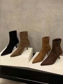 2025新款秋冬棕色绒面革尖头修身踝靴，带毛内衬，女鞋，女靴，猫跟 - 棕色 - 查看 6