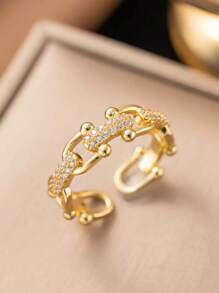 1pc Copper Zirconia Horse Hoof Shaped Open Ring, Tarnish Resistant, Luxury Design, Unique Zirconia Plain Band Ring Jewelry - Gold - View 2