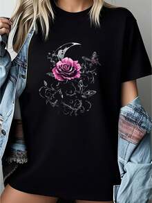 Pink Flower Botanist Garden Flower-Shirt         Graphic Tees Ladies' Choice Women Crop Tops Summer Outfits Women Summer Tops-Shirt - 黑色 - 查看 1