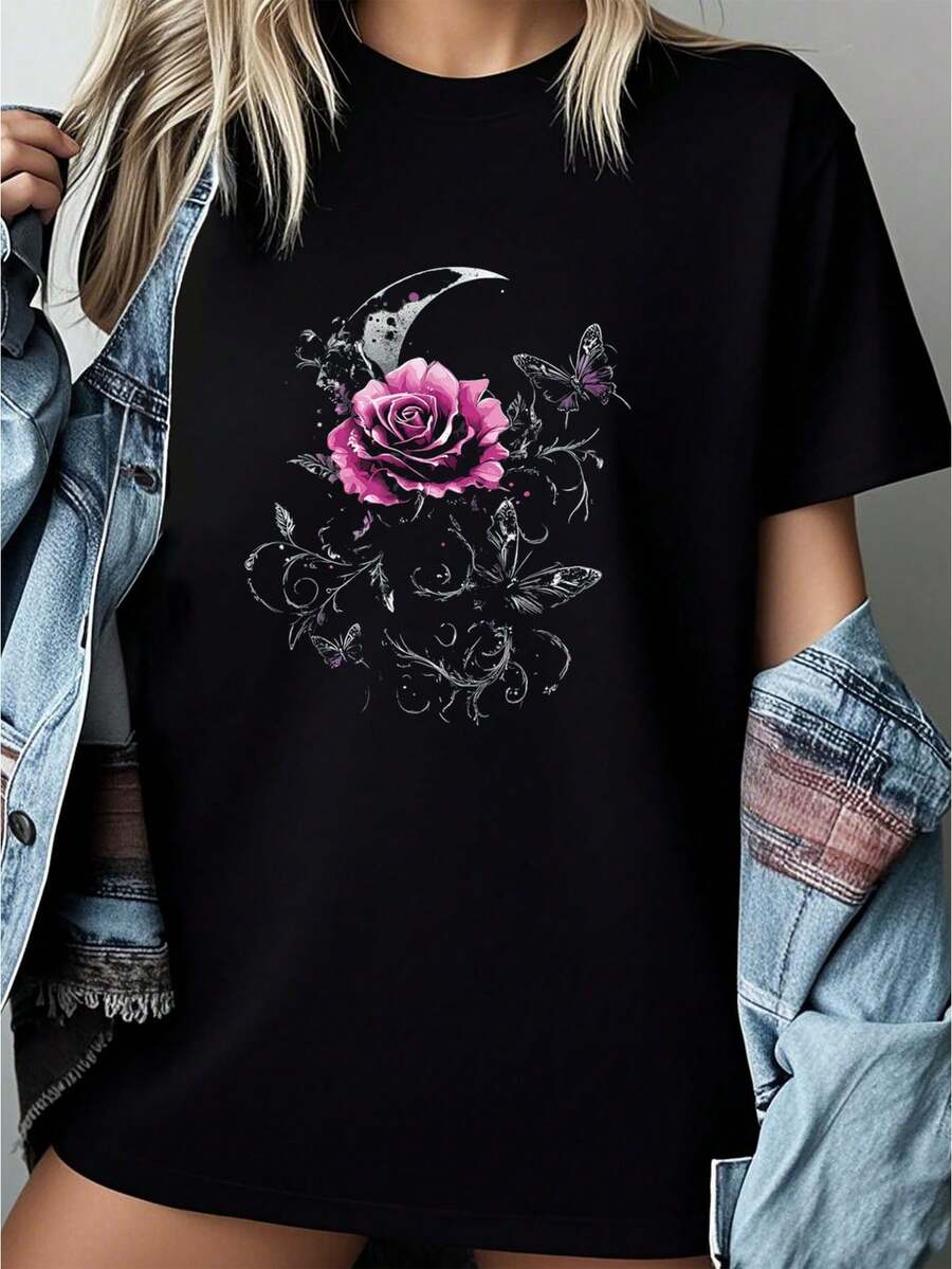 Pink Flower Botanist Garden Flower-Shirt Graphic Tees Ladies' Choice Women Crop Tops Summer Outfits Women Summer Tops-Shirt - 黑色 - 查看 1