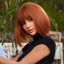 BARSDAR Brown Bob Wig With Bangs, 12 Inch Brown Wigs For Women, Short Brown Wig With Bangs, Super Soft Straight Bob Wig, Colorful Synthetic Wig For Daily Use, Cosplay, Halloween(Auburn) - Auburn - 查看 1