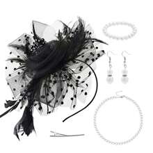 D EXCEED 1/4 件迷人帽子，带花朵网眼丝带羽毛，头带和夹子，适合女士茶会头饰，适合鸡尾酒教堂婚礼派对肯塔基赛马会