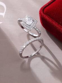 两枚璀璨经典方形立方氧化锆戒指套装，适合女性、情侣、日常佩戴、婚礼、订婚、派对、珠宝、情人节、生日礼物 - 銀色 - 查看 3