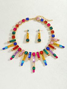 3 件优雅奢华彩色水晶项链吊坠耳环套装，闪亮钻石颈链项链项圈耳环套装，项链吊坠项链耳环，适合女性水晶派对、宴会、晚宴、时尚百搭