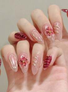 10 件手工指甲杏仁指甲按压指甲中号，优雅的红粉色指甲，晕染渐变手绘波尔卡圆点花卉 3D 雕刻浮雕花朵不对称线条，人造珍珠镶嵌，优质通用美甲片，前卫优雅奢华手工夏季指甲，现代美学手工指甲，Y2K 风格派对日常和约会使用海滩热带度假适用，DIY 假指甲适合女性和女孩作为礼物指甲用品