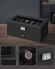 Watch Box, Watch Case With Glass Lid, 2-Tier Watch Display Case For 12 Watches, Lockable, 1 Drawer, For Rings, Bracelets, Gift Idea, Black Synthetic Leather, Black Lining Back To School Dormitory Storage - Black + Black - View 2