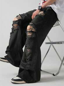 1 Quần Jeans Nam Cổ Điển Rách Rách Viền Tơ, Quần Jeans Ống Rộng Phong Cách Mỹ, Phong Cách Đường Phố Hip Hop, Phong Cách Grunge - màu đen - Xem 1