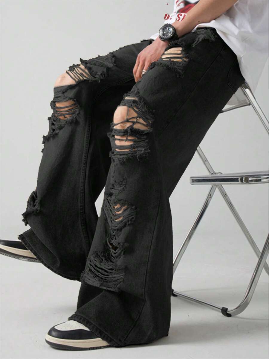 1 Quần Jeans Nam Cổ Điển Rách Rách Viền Tơ, Quần Jeans Ống Rộng Phong Cách Mỹ, Phong Cách Đường Phố Hip Hop, Phong Cách Grunge - màu đen - Xem 1
